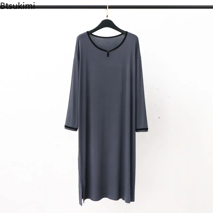 2024 Spring Summer Men\'s Modal Robes Pajamas Shower Mid-long Knee Length Thin Bathrobe Loose Plus Size Man Homewear Sleep Dress