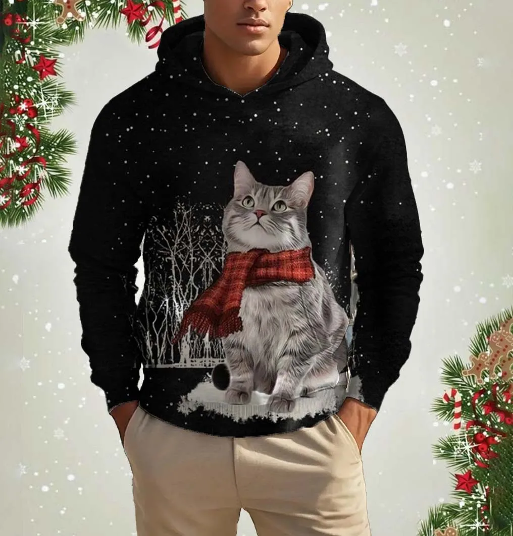 Christmas Men's Hoodie Santa Claus 3D Print Sweatshirt Autumn Christmas Cat Men's Hooded Pullover Casual Festival Men's Clothing