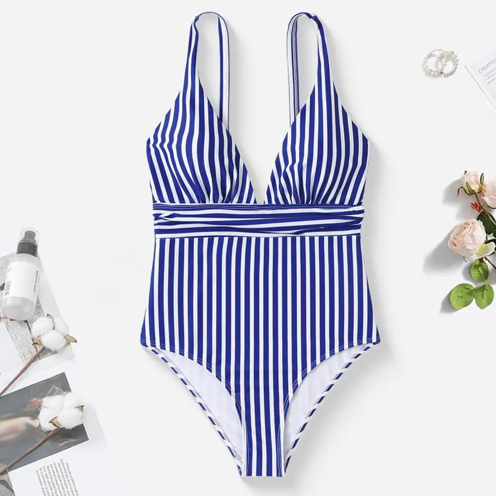 Deep V-neck Swimsuit Summer Monokini Sling Backless One-piece Bikini Striped Slim Fit Monokini Body-contouring Bathing Suit