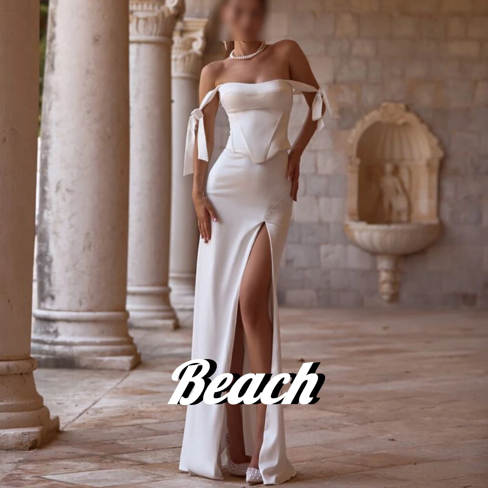 Beach Off the Shoulder Sweetheart Side Silt Sweep Train Floor Length Bow Lace up Back Bespoke Occasion Gowns Bridesmaid Charming