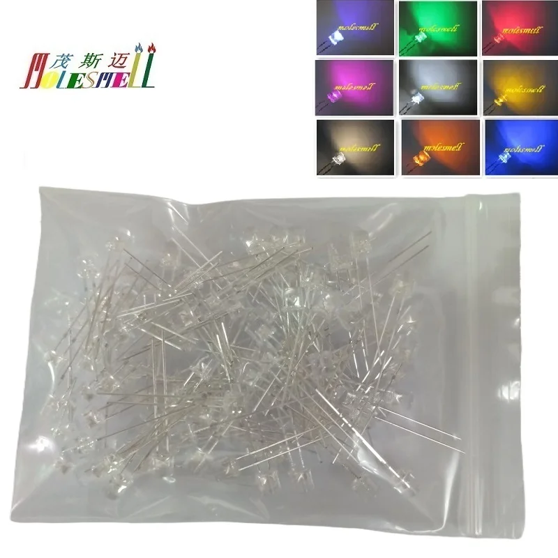 100pcs 5mm flat top Red Yellow Blue Green White Orange Purple Pink Warm white water clear lens LED flat head led light lamp