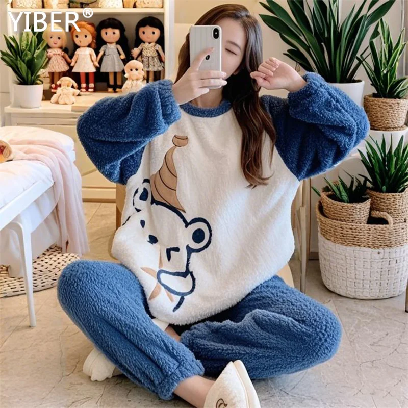 Flannel Womens Pajamas Winter sleepwear Pajama Woman Winter Thickened Warm Trousers Sets Pullover Cartoon Bear Casual Loungewear