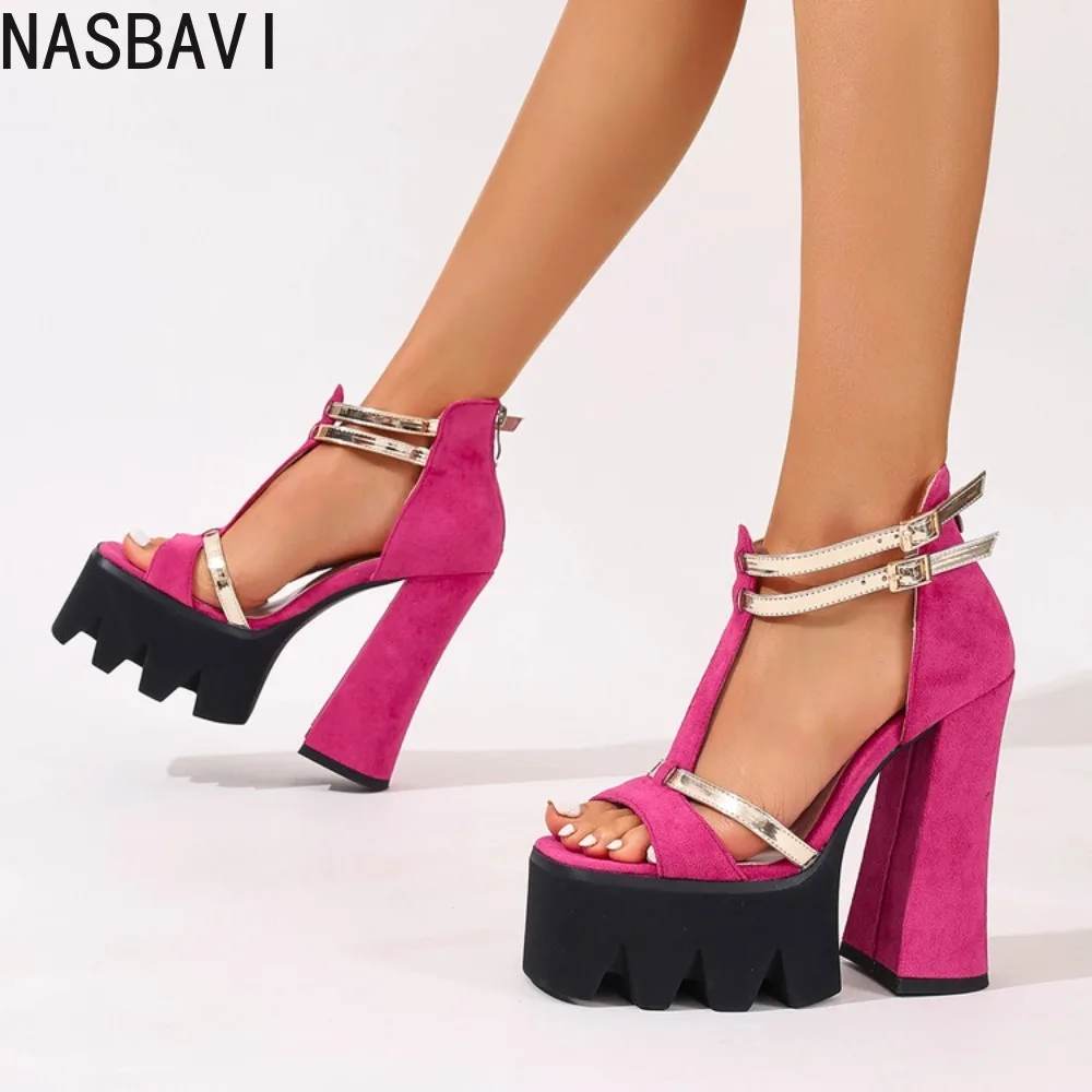 

Женские замшевые сандалии на платформе с Т-образным ремешком, на массивном высоком каблуке, элегантные, сексуальные, для вечеринок, цвет розово-красный, размеры 34-43, Англия