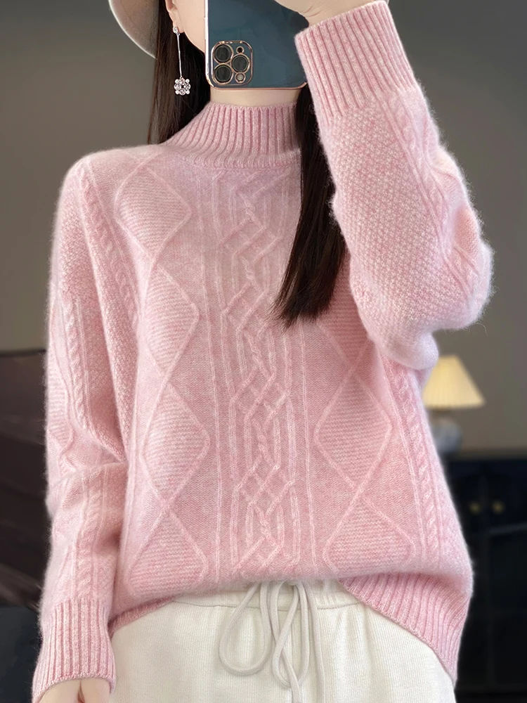 

2025 New Chic Women Mock Neck Cable Knit Pullover Cashmere Sweater Casual Style 100% Merino Wool Knitwear Autumn Winter Warm Top