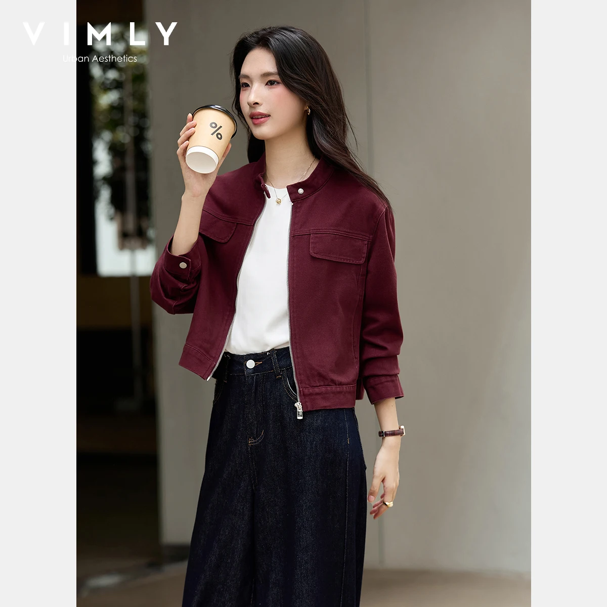 VIMLY Women's Red Denim Jacket Vintage Stand Neck Autumn 2025 Pure Cotton Long Sleeve Zip Up Short Coats Pleated Hem Tops A2568