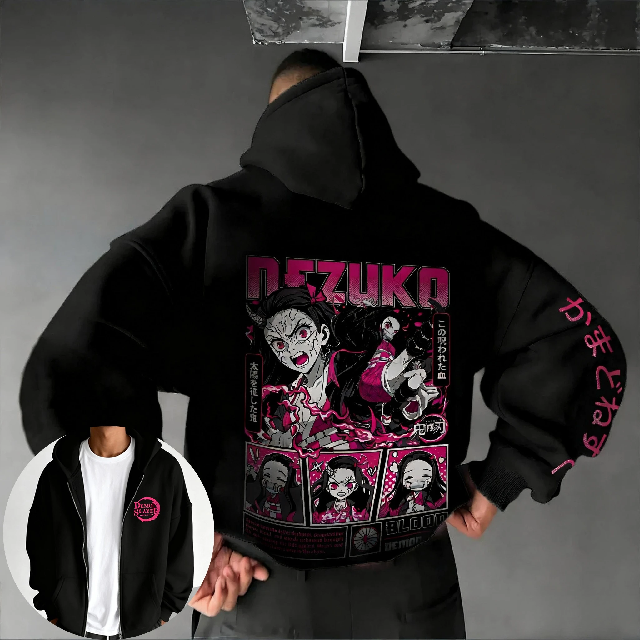 Demon Slayer Anime Autunno/Inverno Felpa con cappuccio con cerniera 2025 Nuovo Kamado Nezuko da uomo stampato Ins Casual Allentato Plus Size Genitore Bambino Top