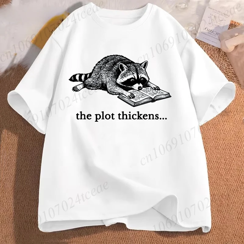 Bookish Raccoon Graphic T-Shirt Literary Book Lover Animal Tee Unisex Men Women Short Sleeve Casual Vintage Daily Fashion Tops