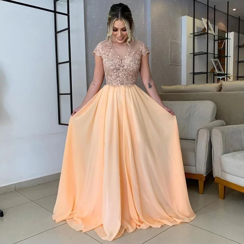 

Wholesale Evening Dress 2023 Orange Long Sleeve Floor Length Chiffon Lace Appliques O-Neck Gorgeous Short Sleeve Party Formal