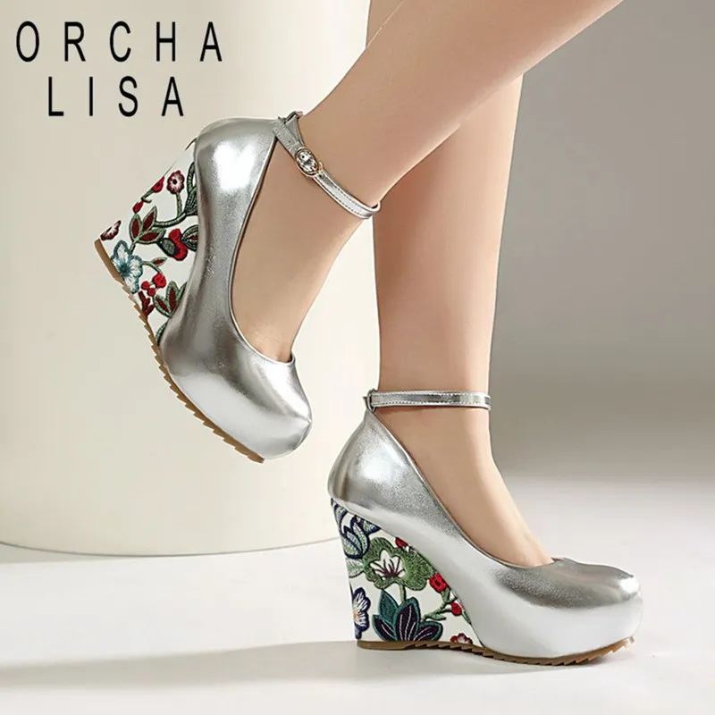 ORCHA LISA Ladies Wedge Flip Flops Closed Rounded Toe Cross Band Snap Fastener 10.5cm Sole Height 3cm Platform Sole Flower