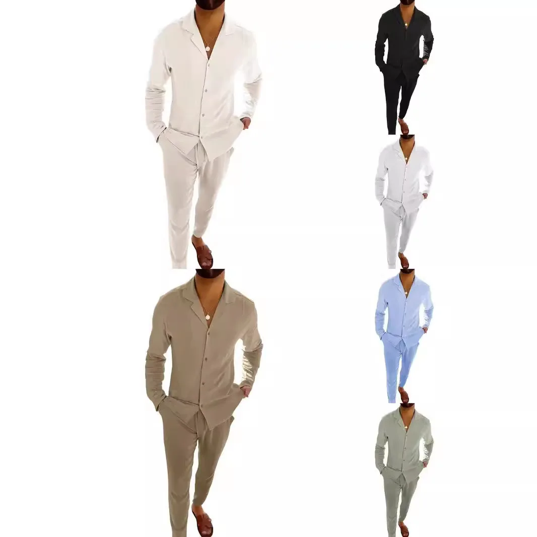 Spring Autumn New Fashion 2025 Men's Casual Trendy Solid Color 2 Piece Sets Long Sleeve Cuban Collar Shirt Trousers Male Clothes