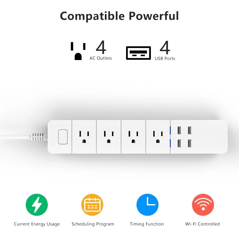 WiFi Smart Tuya Power Strip USB Surge Protector 4 US Outlet Plug Socket 1.8m Extension Cord Remote Control by Alexa Google Home