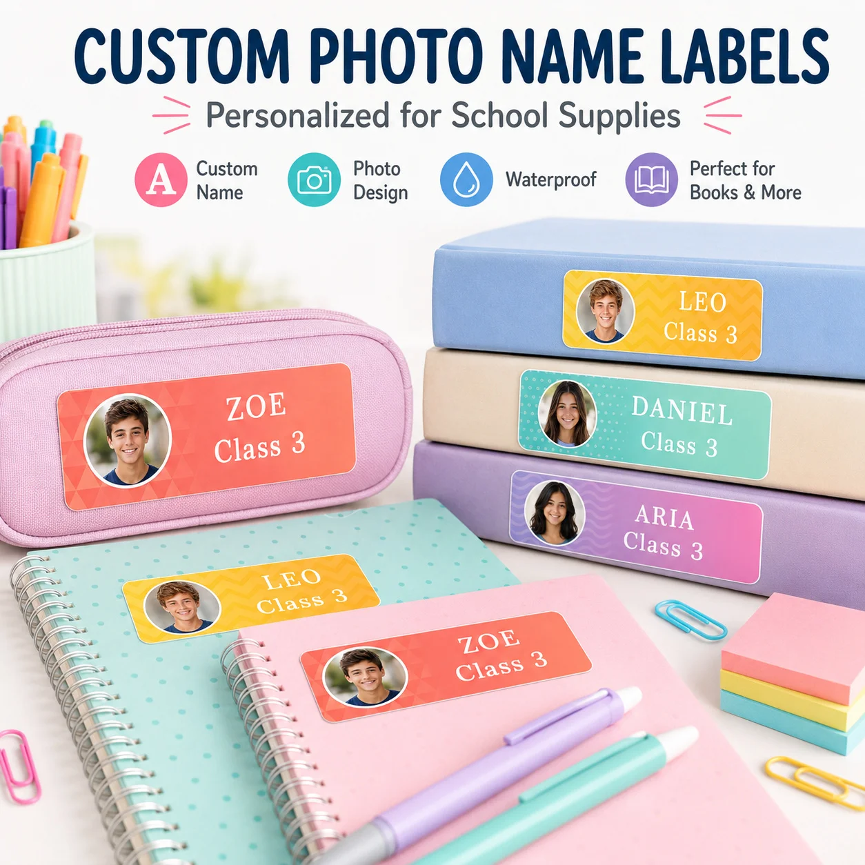 Customized Back-To-School Photo Name Stickers, Custom Text Labels, Personalized Labels for Schools, Offices, Water Bottles, Pencils - Non-Curling Adhesive Waterproof Name Tags, School Classroom Backpacks, Luggage, Back-To-School Gifts for Sons and Daughters