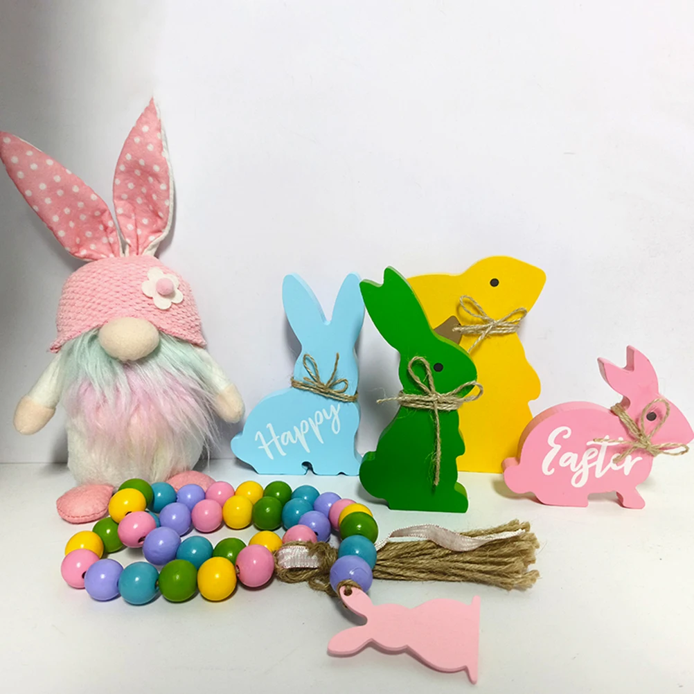 

4pcs Wooden Rabbit Set Craft Decor For Easter Festival Home Desktop Decoration Scene Layout Bunnies Tray Adornments Farmhouse