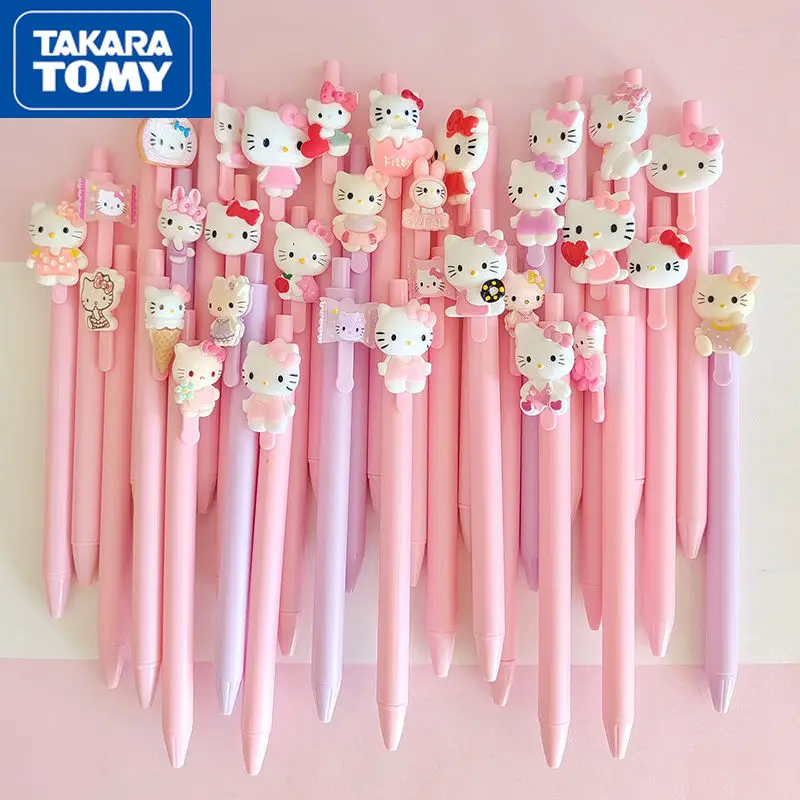 

TAKARA TOMY2022 New Hello Kitty Bullet Ball-type Press Pen Cartoon Cute Handmade Student Solid Color Gel Pen 0.5 Black Pen Set