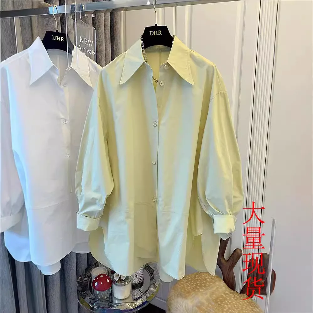 

Dongdaemun Pointed Collar Oversized Shirt Women's Long Sleeve Loose Patchwork Mid-Length Design Sense Niche