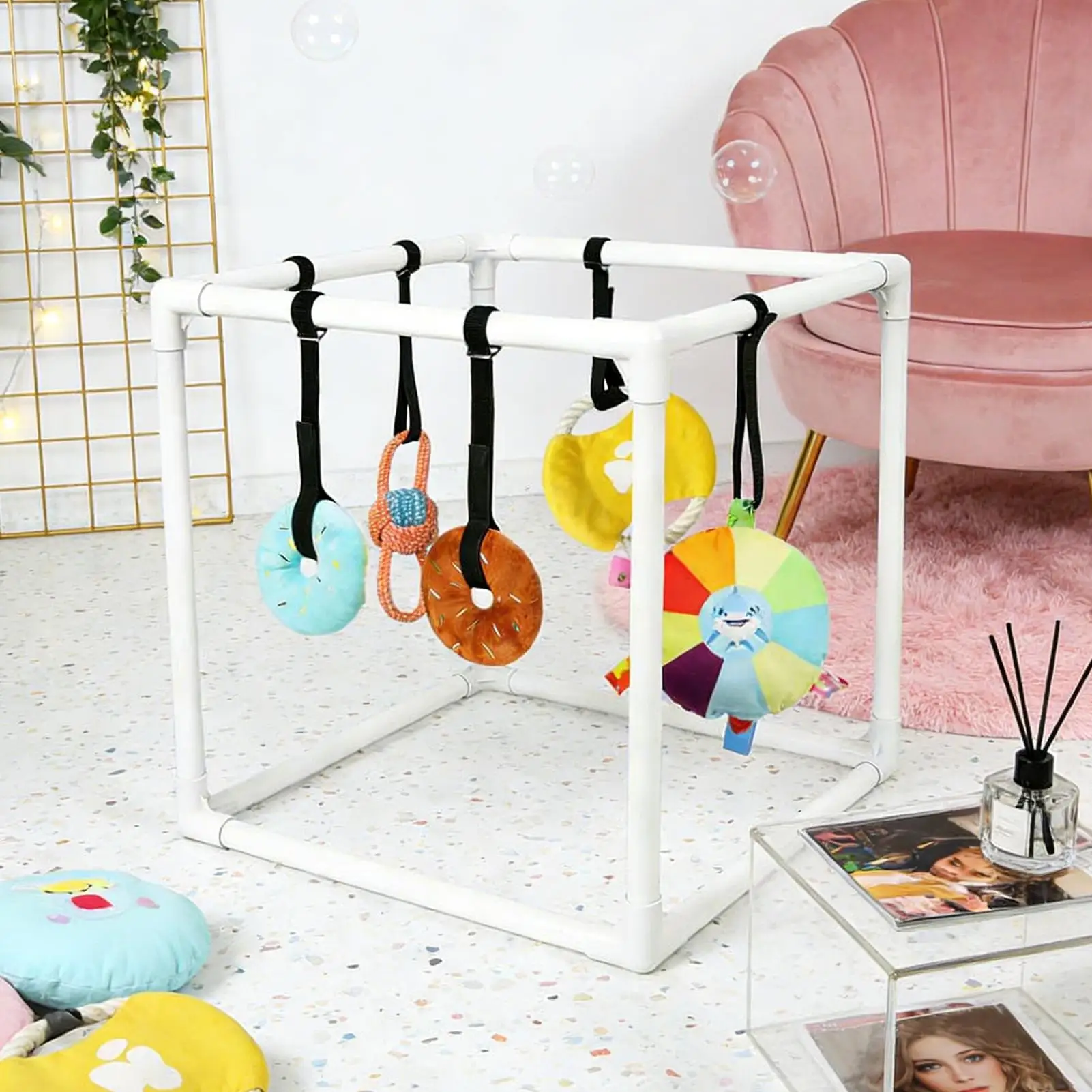 

Puppy Play Gym with 5 Hanging Toys Small Dog Playground Assembly Frame Training Tool for Training Teething Calming Floor Play