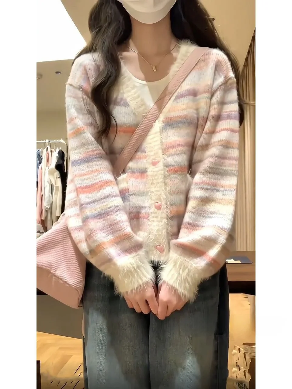 

Открытый кардиган в радужную полоску, женский свободный вязаный свитер с v-образным вырезом, осень-зима, модный ленивый сле, молочный цвет