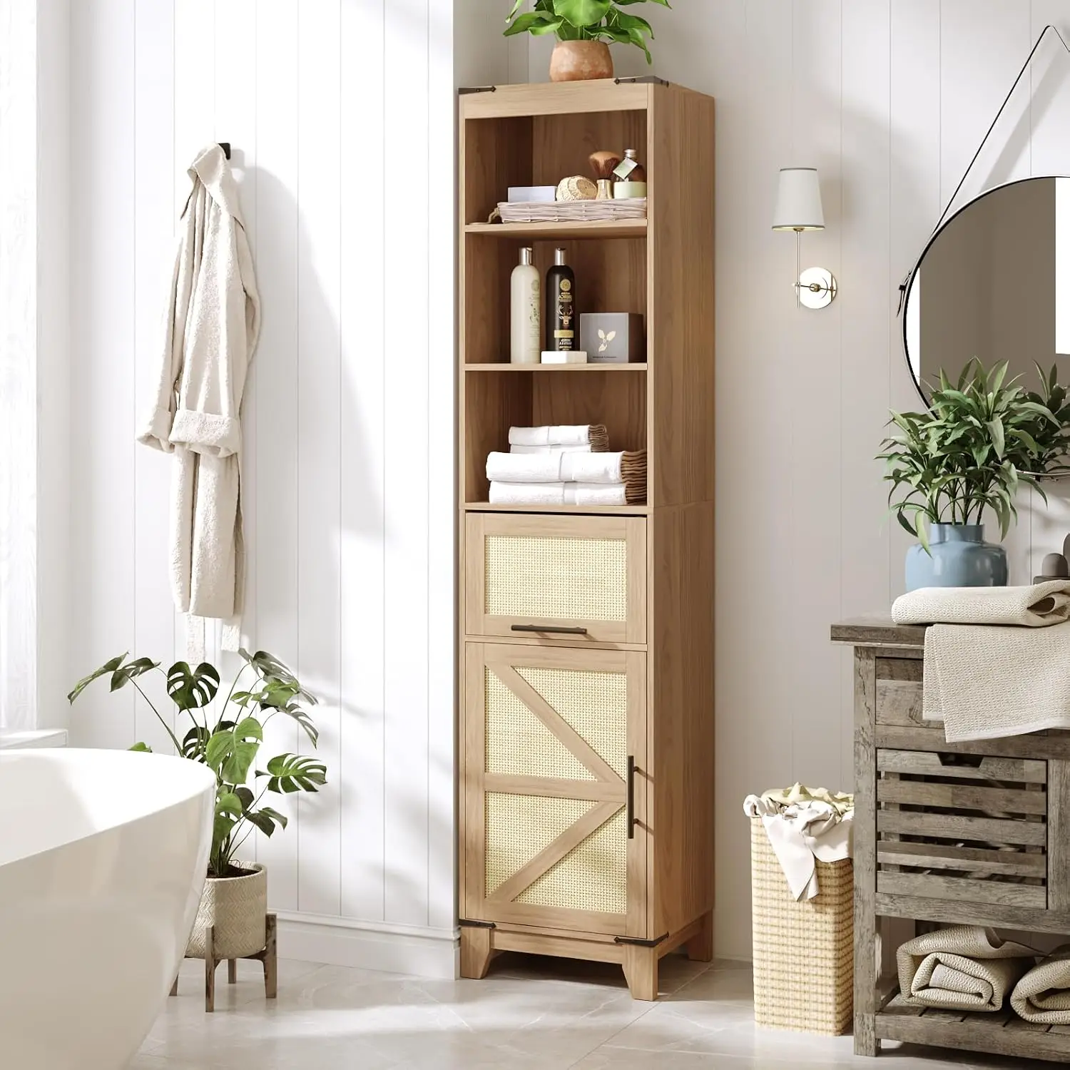 Tall Bathroom Storage Cabinet, Rattan Storage Cabinet with Adjustable Shelf and Barn Door, 66.9” Slim Linen Cabinet with Drawer