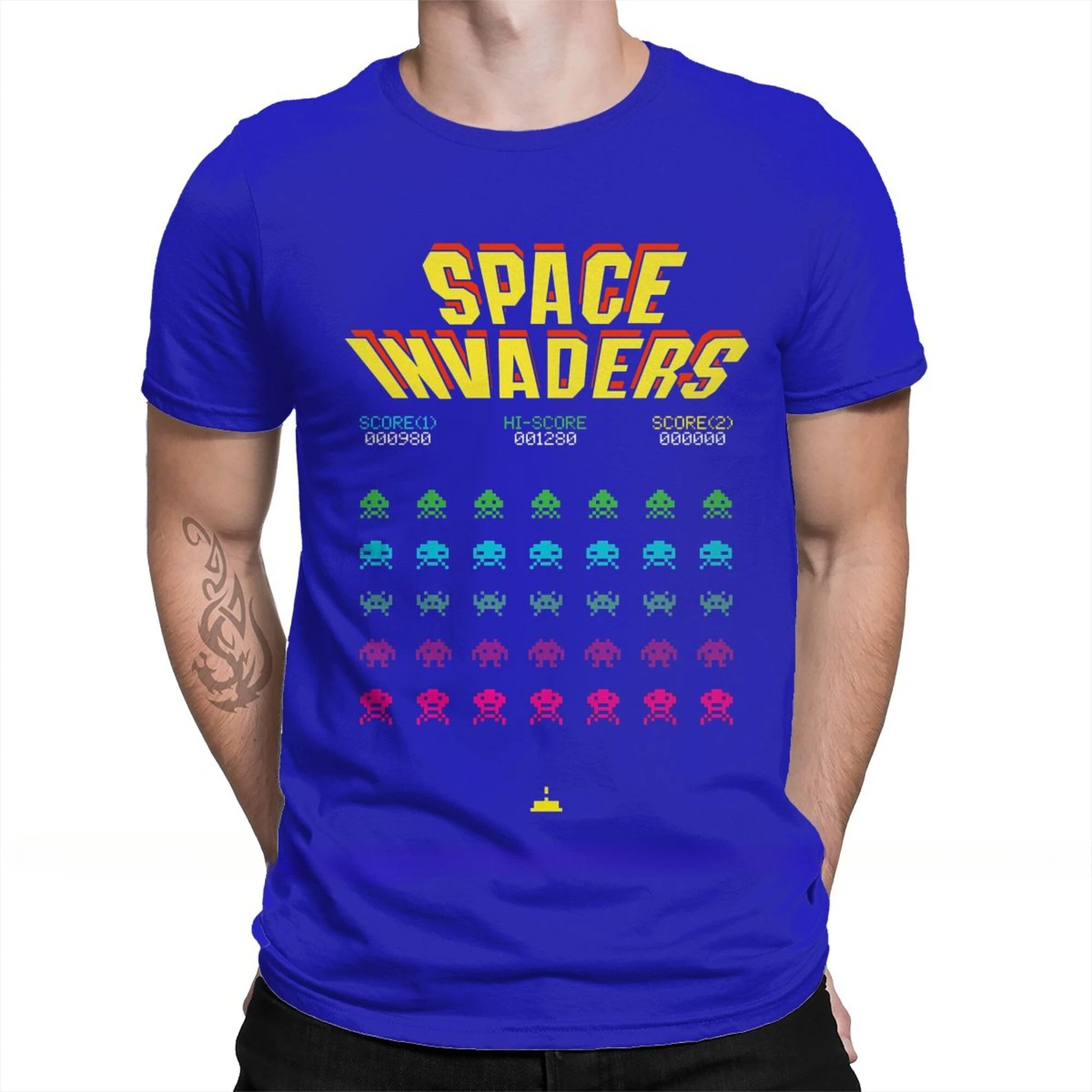 Men 100% Cotton Short Summer Sleeve Casual Plus Size Shirt Adults 70s 80s Arcade Game Space Invaders T-Shirt oversized harajuku