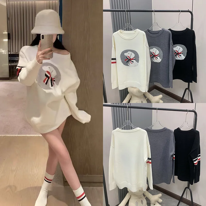 Korean Preppy Style Fashion Stripes Harajuku Puppy Design Jacquard Loose Wool Knit Casual O-neck Pullover Tops Women's Sweater