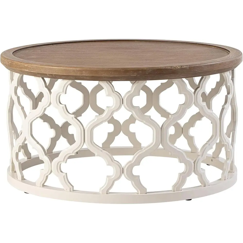 Curved Base Wood Tray Coffee Table, White, 30 Diameter x 16 High, 45 lbs, Indoor Living Room, Assembly Needed