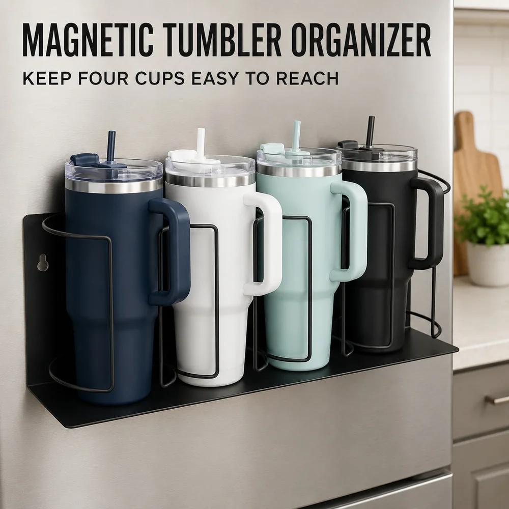 Zoe Magnetic Tumbler Organizer Compatible With Stanley Cups Four Slot Metal Cup Holder For Large Handle Travel Mugs Countertop Refrigerator Wall Mount Water Bottle Storage Rack