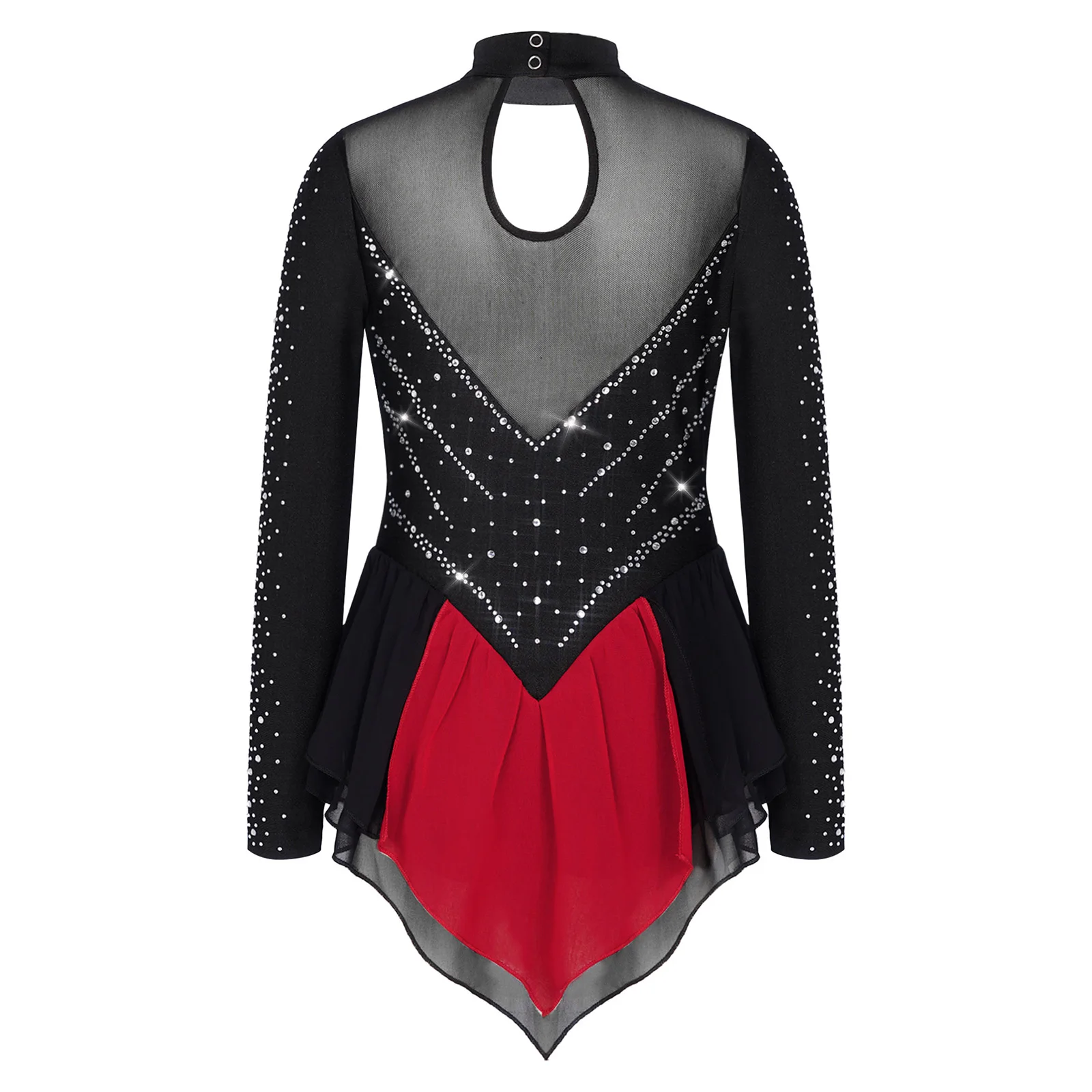 Kinder Mädchen Strass-Gymnastik-Trikot Eiskunstlauf Ballett Lyrisches Tanz-Auftrittskostüm Trikotkleid mit unregelmäßigem Saum – Detail 13