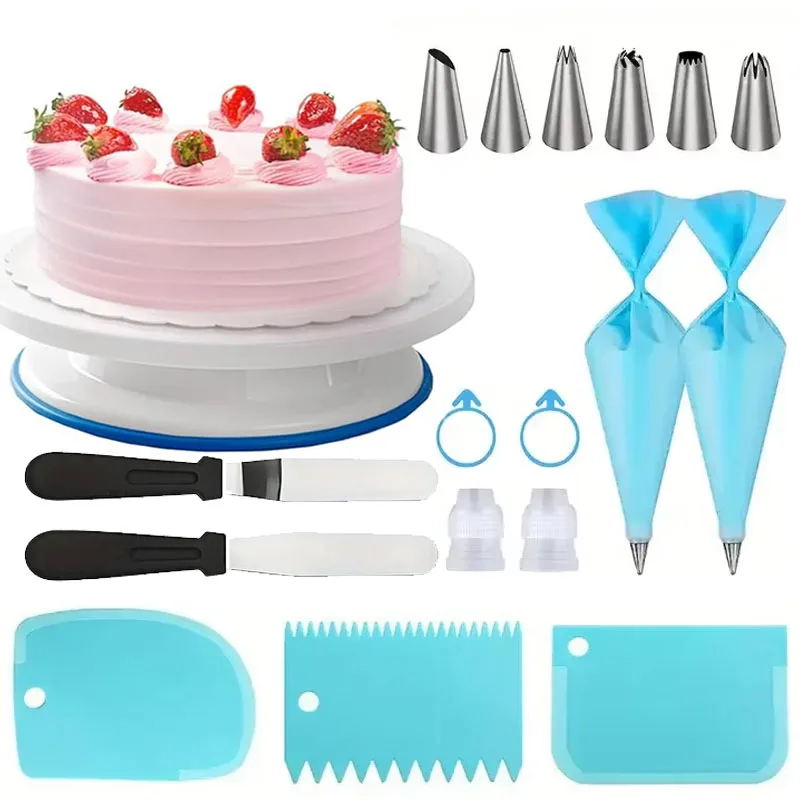 

18pcs Cake Decorating Set-Non-Slip Turntable with 6 Piping Tips,Scrapers&Tools for Professional Baking Tools,Kitchen Accessories
