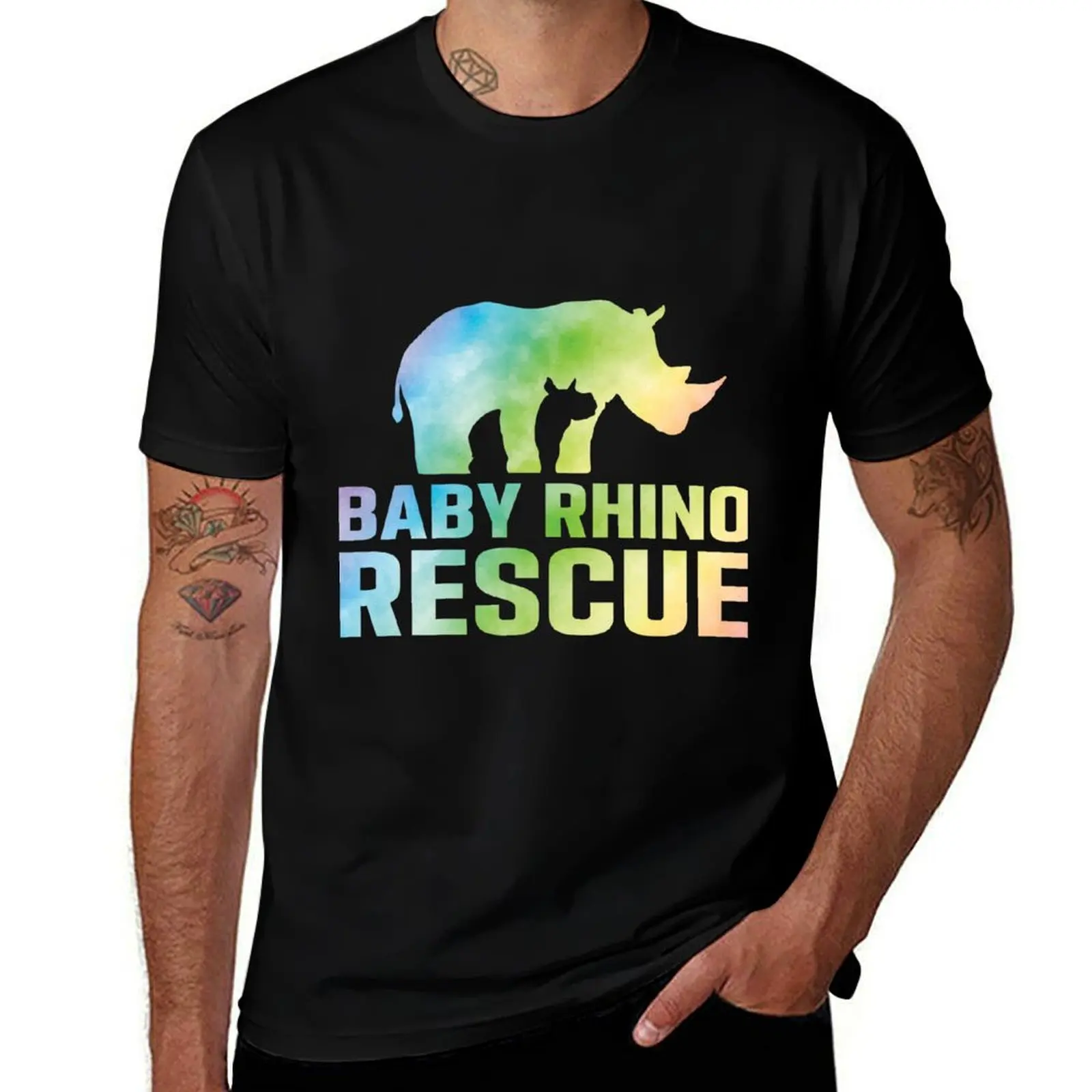 

Baby Rhino Rescue rainbow watercolor logo T-Shirt Heavy Duty Casual Work Tee