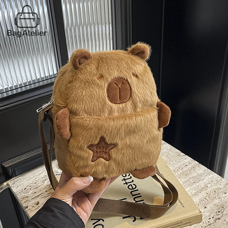 New Cartoon Capybara Women's Crossbody Coin Wallet Fashion Large Capacity Shoulder Bag Cute Zipper Plush Phone Bag