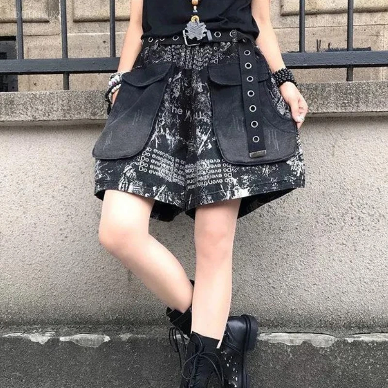 Denim Shorts For Women Streetwear Fashion Y2k Wide Leg Pants Print Elastic Waist Pants Casual Summer Pantalones Cortos De Mujer