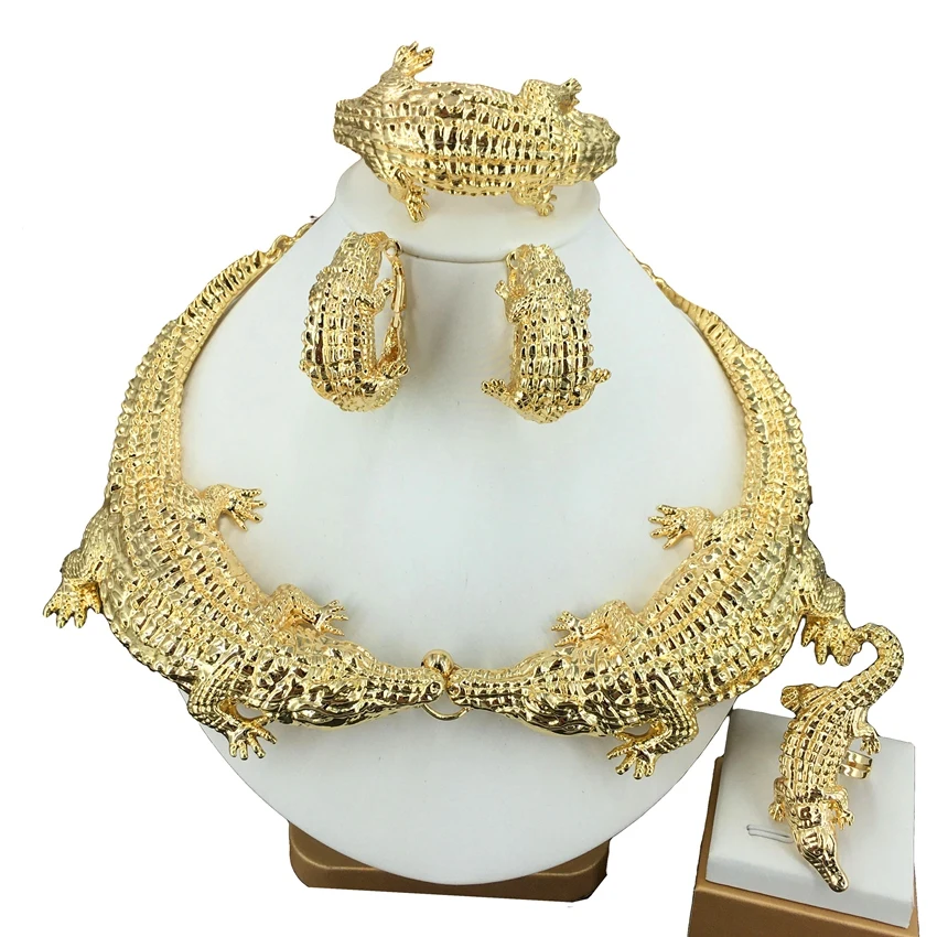 Women Jewelry Set Italy Gold Plated Crocodile Necklace Animal Design Ring Large Necklace Bracelet Earrings PartyJewelry FHK14591