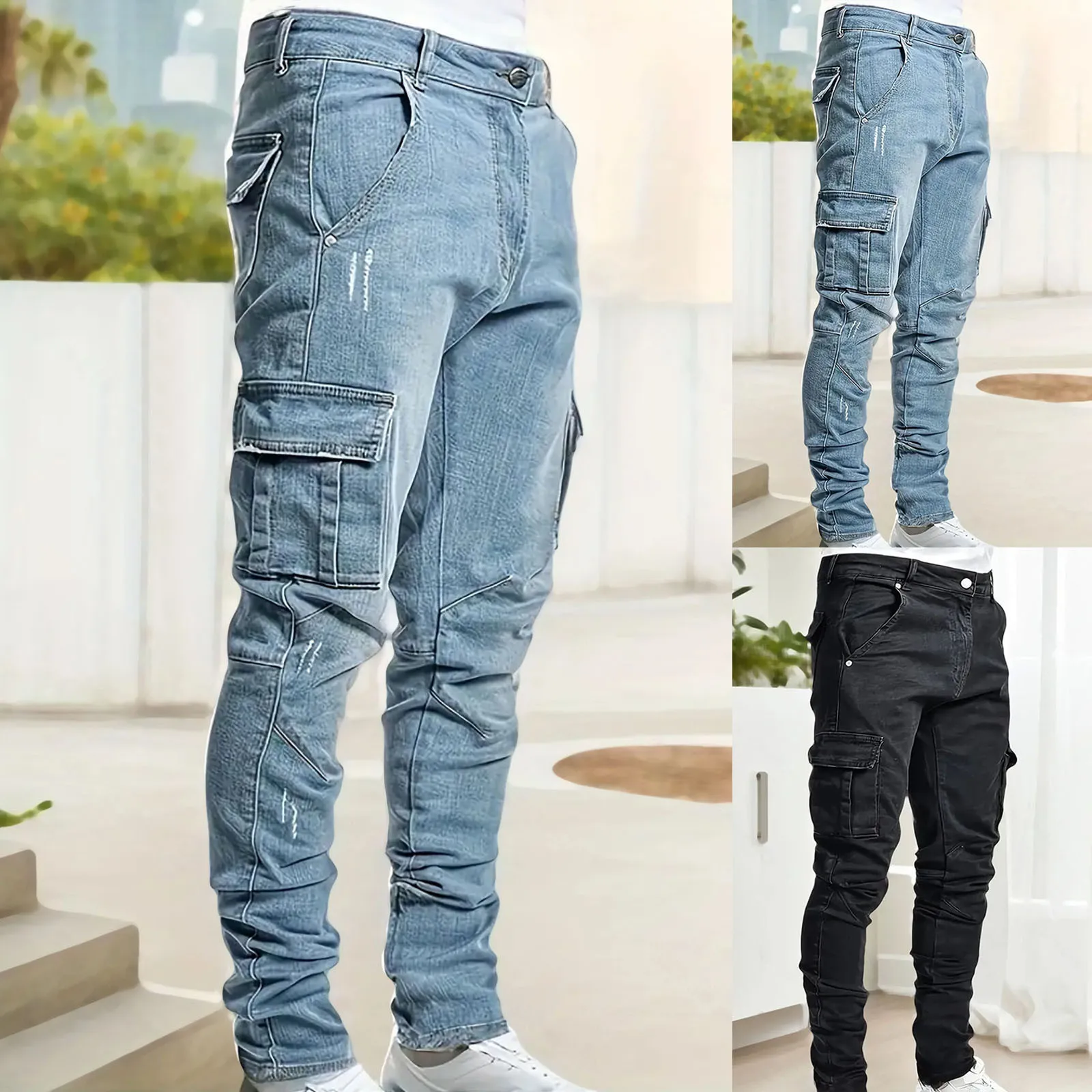 Men's Casual Style Side Pencil Pants With Pockets Skinny Fit Jeans Stocking Gift Foam House