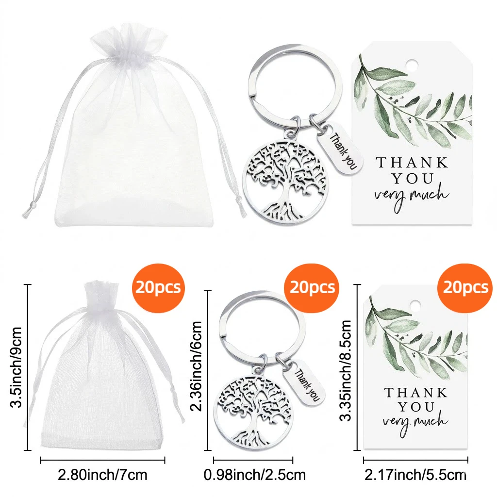 60 stuks, Boom des Levens sleutelhanger cadeauset van 20 met 20 stuks groene blad bedankkaartjes, en 20 stuks witte organza zakjes, en 20 stuks holle zakjes