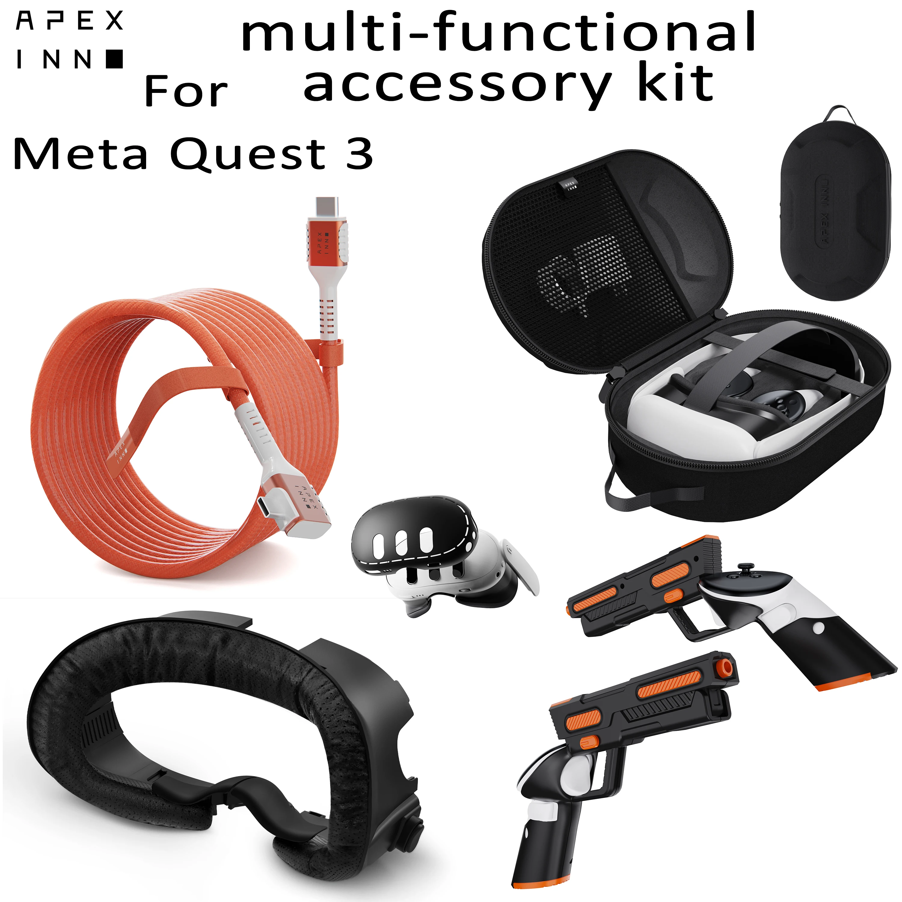 

APEXINNO For Meta Quest 3 Travel Carrying Case Facial Interface Gun Stock Cover Link Cable Silicone Shell Cover VR Accessories