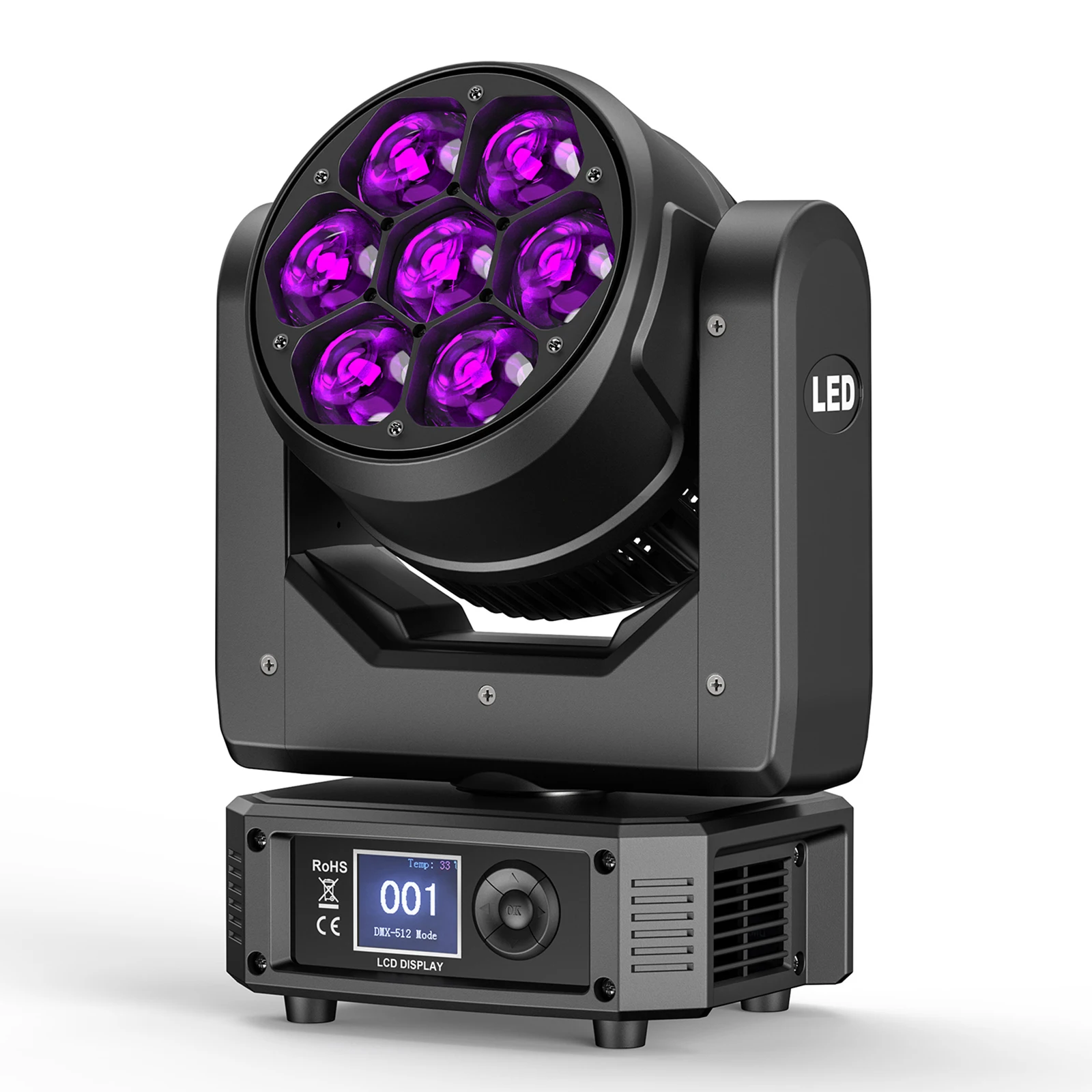 Yiflamefly 7X25W RGBW LED Moving Head DJ-Licht Bee Eye Beam/Wash/Zoom DMX512 Bühnenbeleuchtung für Weihnachten, Disco, Bar, KTV, Party, Show
