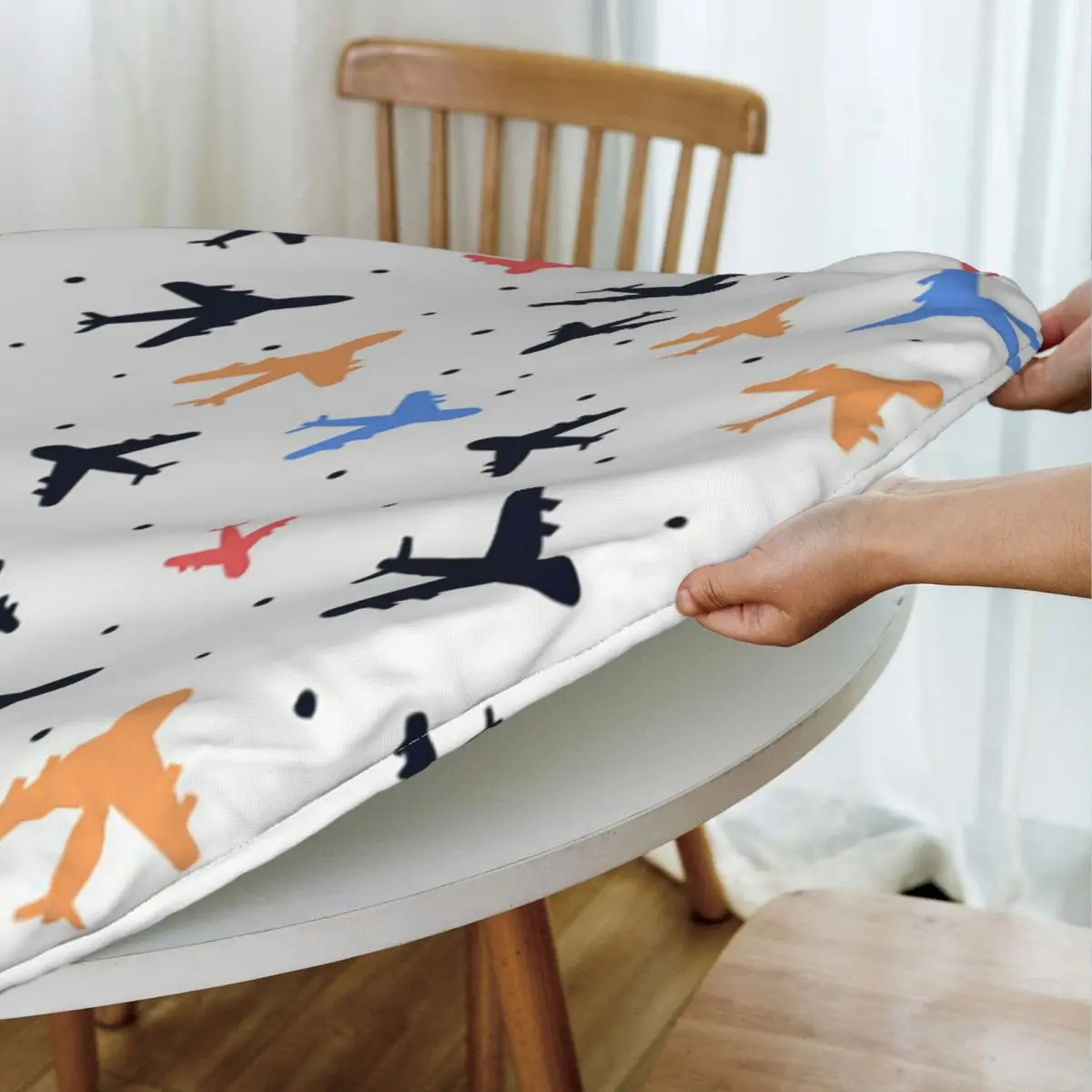 Random Airplanes Pattern Aviation Fighter Pilot Waterproof Round Tablecloth Table Cloth for Kitchen Events Dining Table Cover
