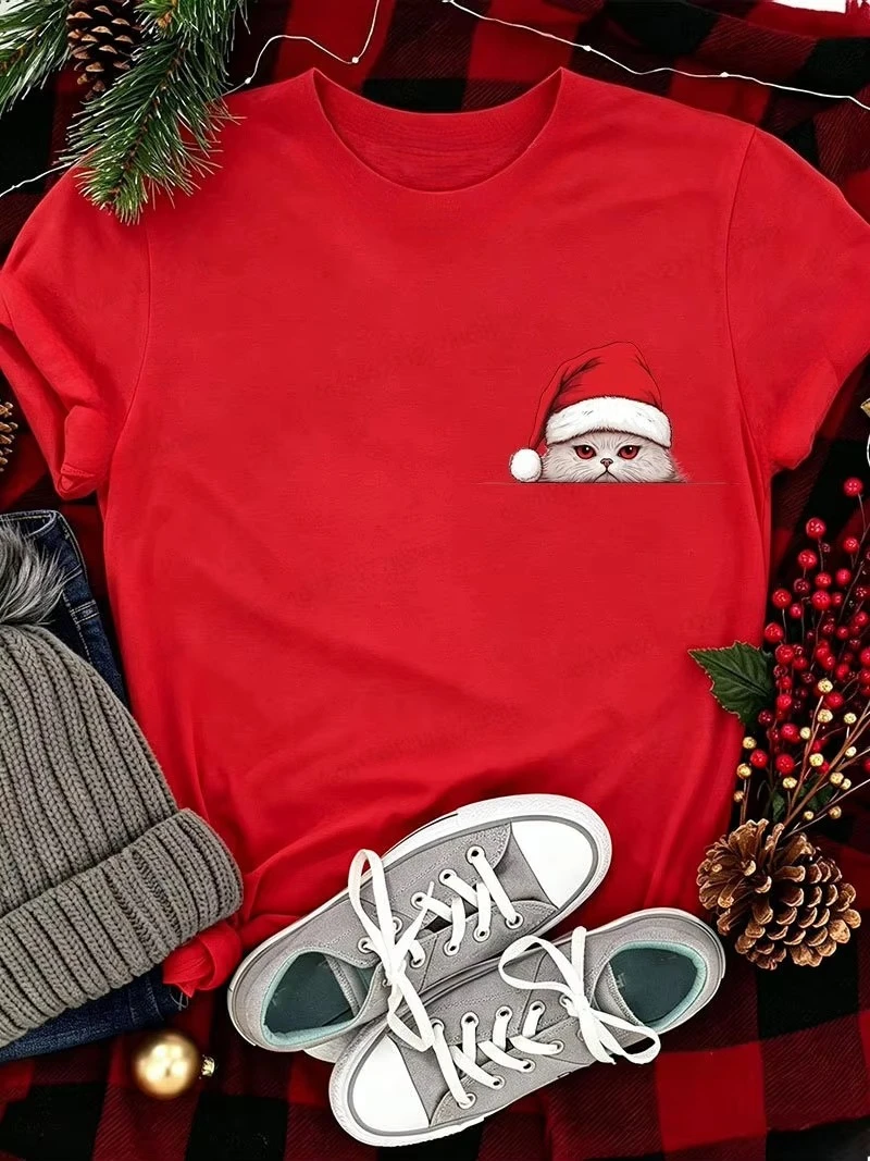 Men Women Santa Hat Black Cat Peeking Kitten Pocket Tshirt Kitten Graphic Short Sleeve Tops Christmas Holiday Casual Shirts Gift