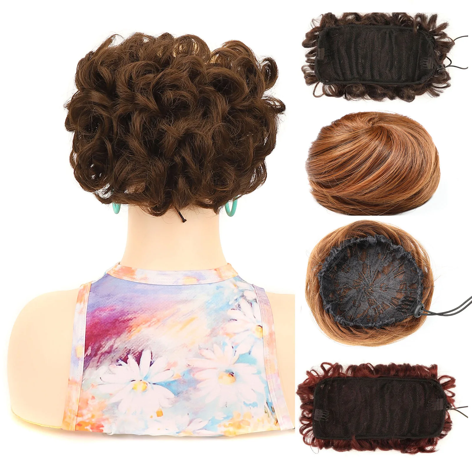 

jeedou Synthetic Hairpiece Curly Chignon Hair Extensions Messy Hair Bun Elastic Drawstring Pad Black Brown Color For Women