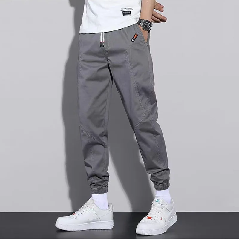 Fashion Minimalist Summer Men's Solid Color Patchwork Pockets Printed Drawstring High Waisted Loose Straight Casual Harlan Pants