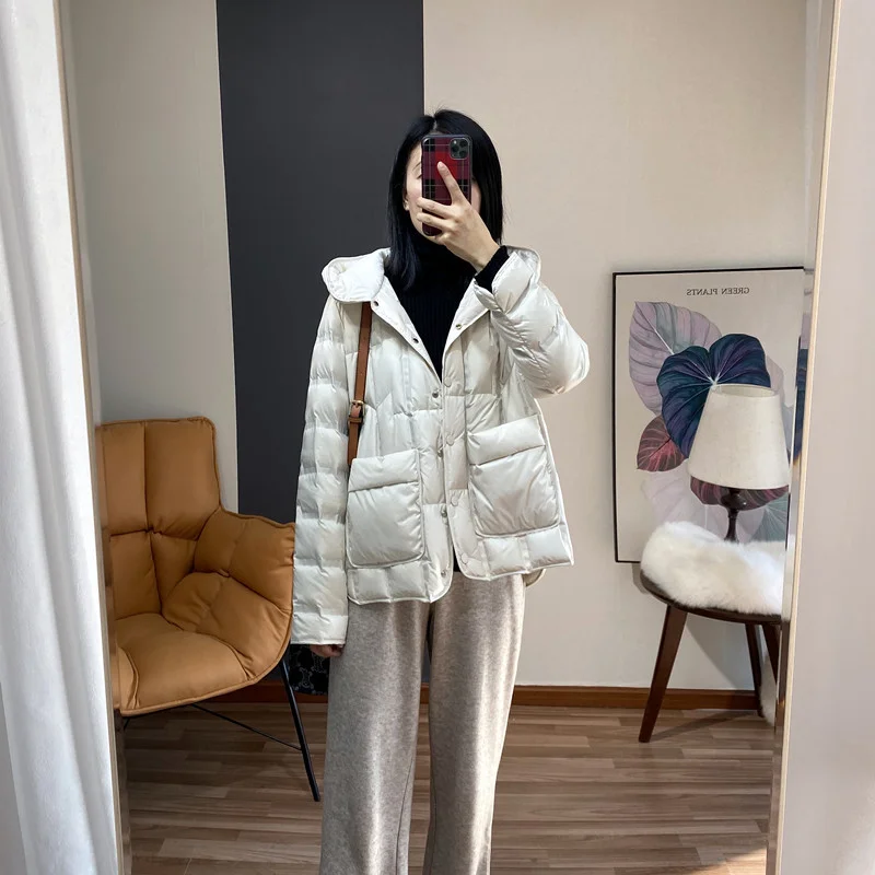 2024 Winter Women 90% White Duck Down Coat Female Stand Collar Single-Breasted Puffer Jacket Casual Loose Hooded Parkas Outwear