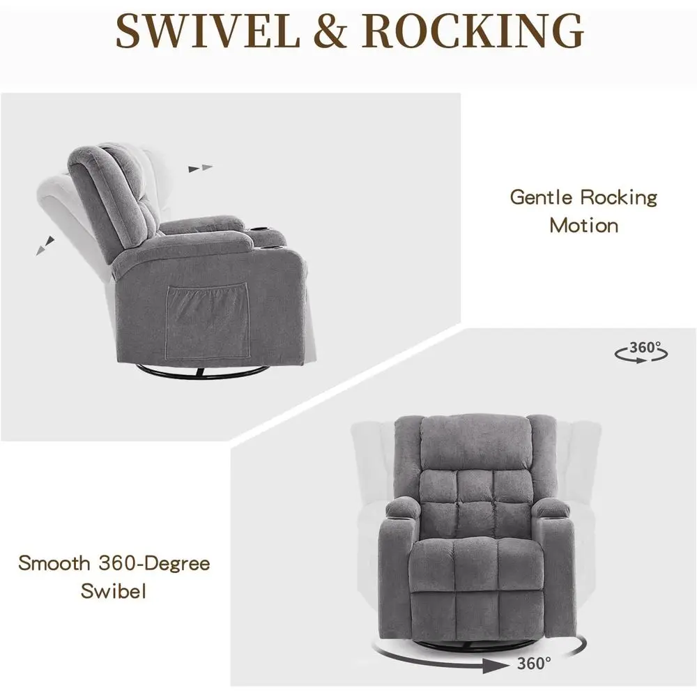 كرسي هزاز دوار من الشنيل الرمادي مع تدليك وحرارة لمساحات المعيشة