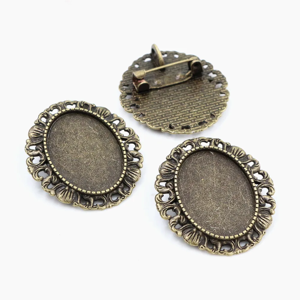 5pcs 18x25mm Inner Size Antique Silver Plated Bronze Black Brooch Pin Classic Style Cameo Cabochon Base Setting