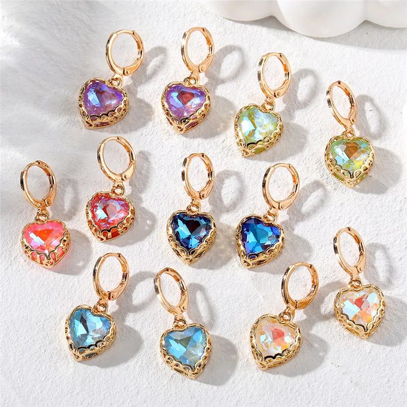 1 paar Shiny Einfache Bunte Zirkon Pfirsich Herz Ohrringe Für Frauen Vintage Geometrische Liebe Anhänger Hoop Ohrringe Hochzeit Schmuck