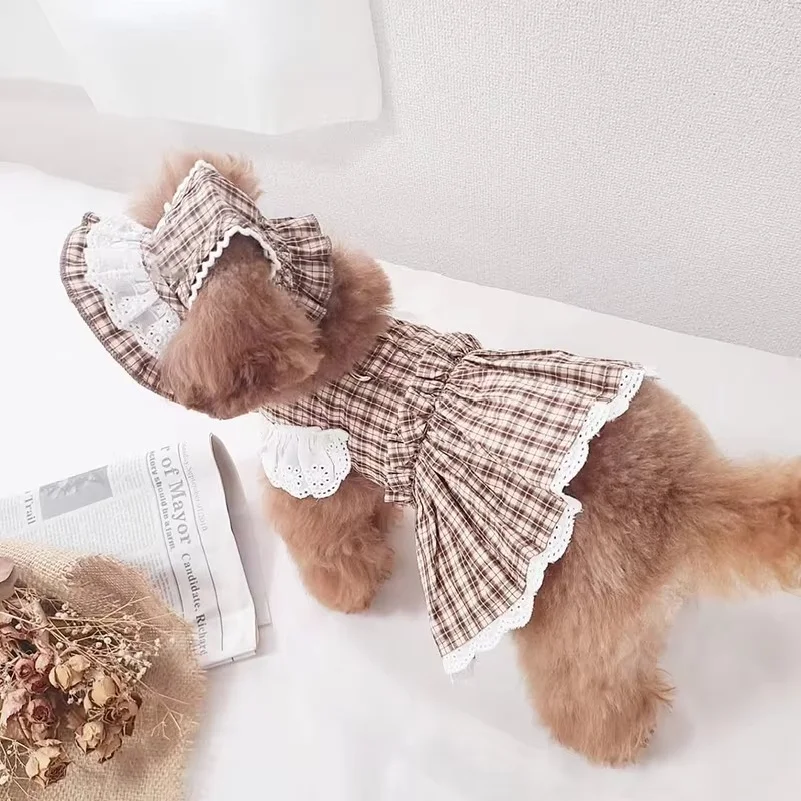 Dog Clothes Brown Plaid Lace Ruffle Dog Harness Dresses with Hat Cute Pet Outfits Cat Dress Small Dog Clothes