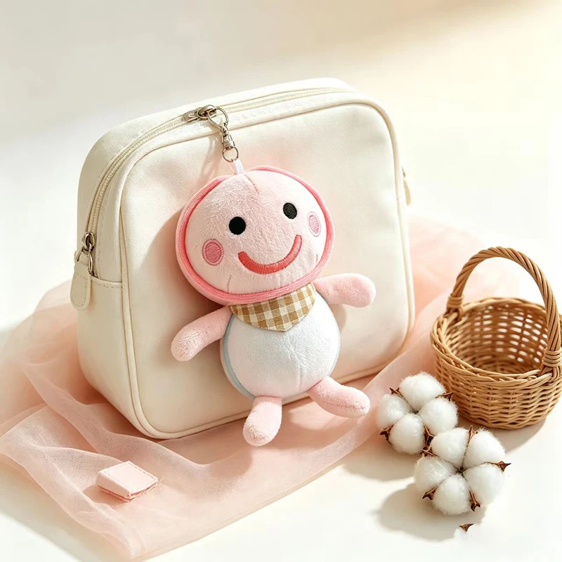 Pink Blue Plush Keychain Round Figure Charm with Metal Clasp Checked Bib Detail plus Cream Gift Box for Backpack Accessory