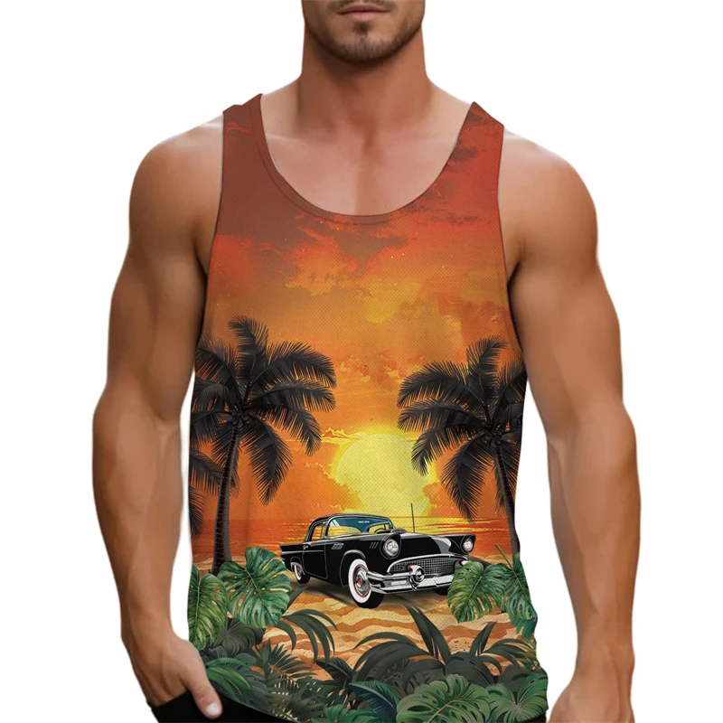 3D Print Palm Tree Car Graphic Tank Top For Men Clothing 2025 New Fashion Sleeveless Beach Tops Homme Hawaii Transportation Tee