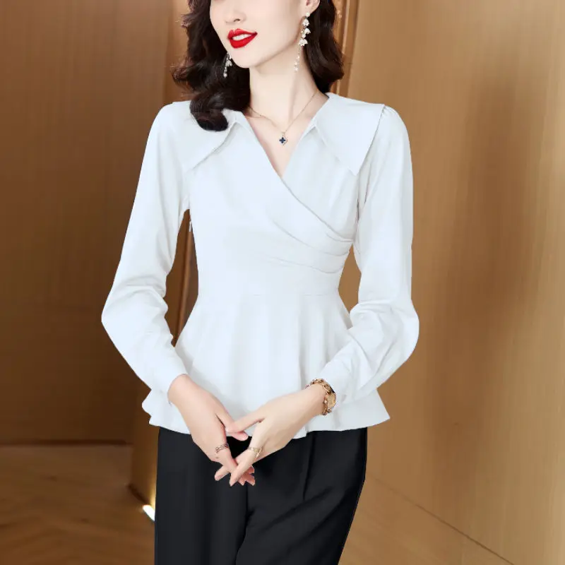 Womens Clothing Korean V Neck Ruched Elegant Blouses Autumn Office Lady Slim Shirts Solid Long Sleeve Tops Blusa Mujer Moda 2023