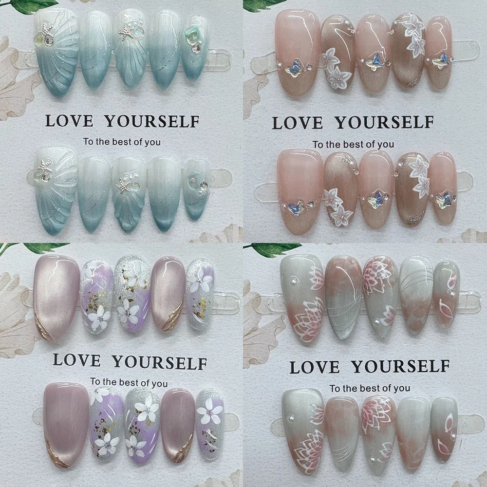 

Gentle Elegant Handmade Almond Ellipse Reusable Press On Nails Cat Eyes Hand-Painted Flowers Butterfly Diamond Pearl Fake Nails
