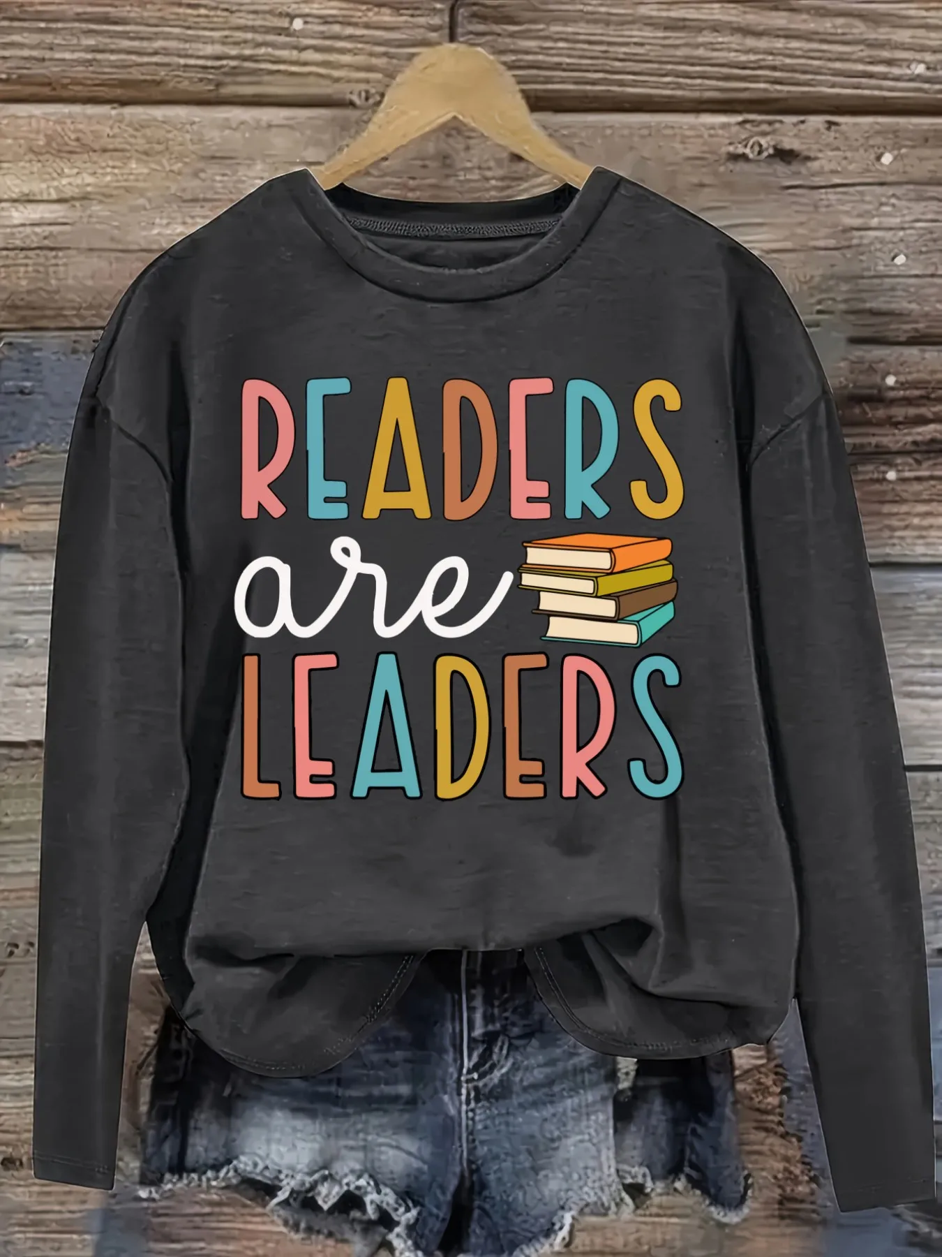 Women's Casual Long Sleeve Crew Neck T-Shirt Readers Are Leaders Book Stack Design, Round Neck Women's Clothing, Machine Washable, Slightly Elastic, Loose Fit, Spring Autumn Winter Women's T-Shirt, Halloween Costume Outfit view 2